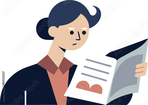 Illustration of a woman reading a newspaper, conveying focus and engagement. Perfect for concepts of information, news, and reading.