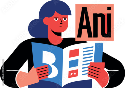 A vibrant and bold geometric illustration of a person reading a magazine, showcasing modern and eye-catching design elements.