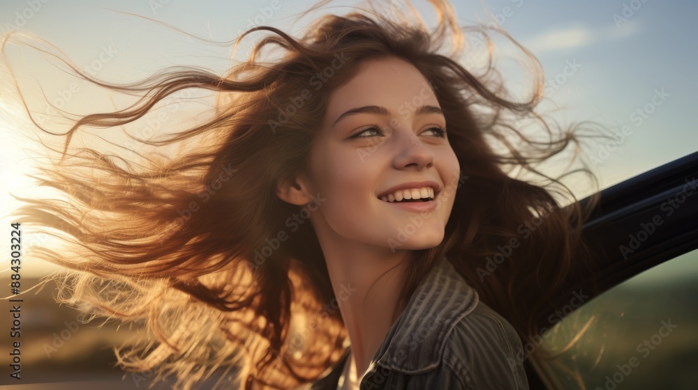 Joyful teenage girl with head out of car window hair flying in the wind Joyful teenage girl with head out of car window hair flying in the wind