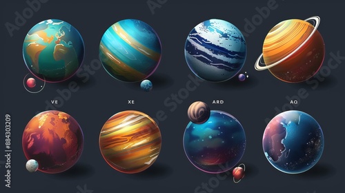 The image contains colorful planets with various textures and small moons, depicted in a flat and vibrant abstract art style with design elements like labels. photo