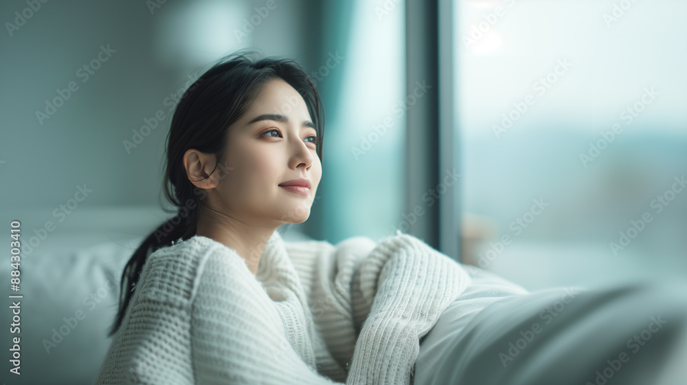 A young Asian woman with long hair gazes out the window, her face bathed in soft natural light. She exudes a sense of peace and calm. A young Asian woman with long hair gazes out the window, her face bathed in soft natural light. She exudes a sense of peace and calm.