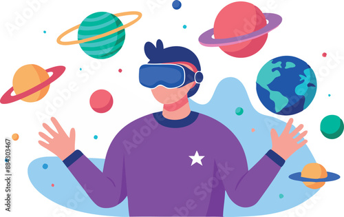 Illustration of a man wearing a VR headset exploring an outer space scene with planets and stars surrounding him.