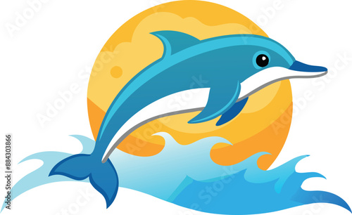 Vibrant dolphin artwork depicting a dolphin jumping over waves set against a warm sunset.