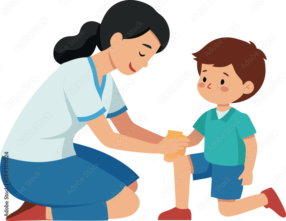 Caring nurse bandaging boy's knee injury, showcasing healthcare, compassion, and first aid care. Caring nurse bandaging boy's knee injury, showcasing healthcare, compassion, and first aid care.