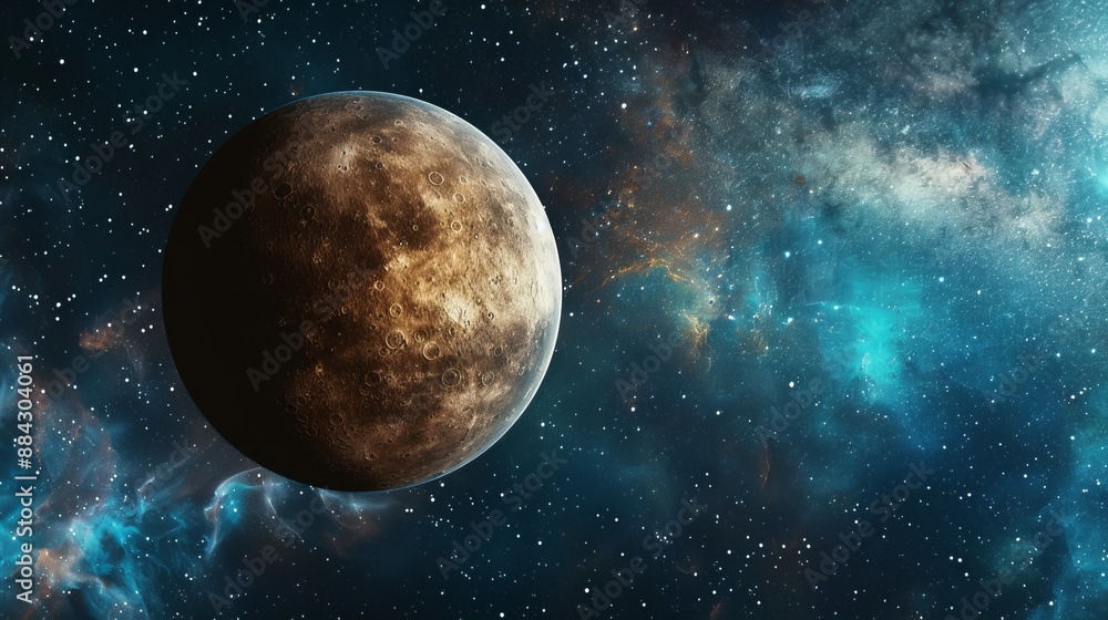 Fototapeta premium The beauty of a bronze hued planet against a stunning backdrop of a starry galaxy with swirling clouds, evoking a sense of wonder and the grandeur of the universe.