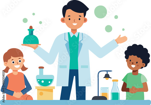 Science teacher demonstrating a fun experiment to excited students. Learning and education concepts in a classroom setting with children.