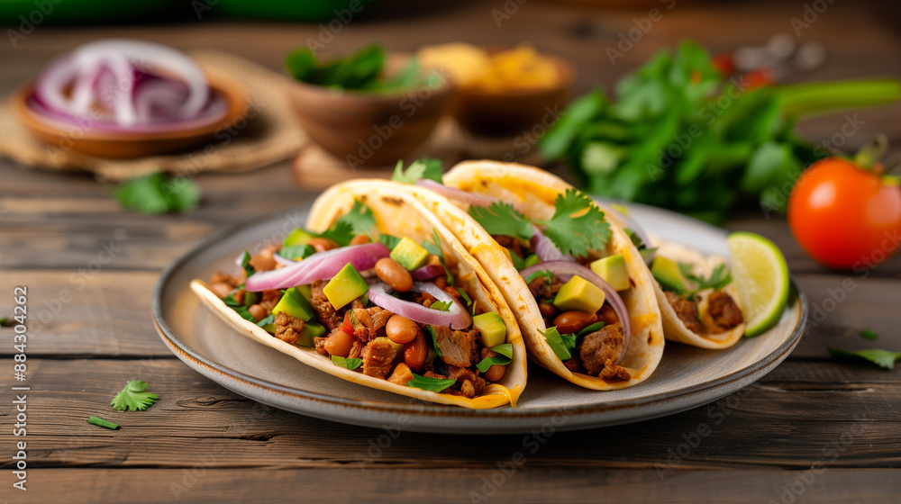 Flavorful tacos filled with beans, avocado, red onions, and cilantro, served with a lime wedge. Flavorful tacos filled with beans, avocado, red onions, and cilantro, served with a lime wedge.