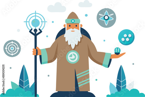 Illustration of a wizard holding a magical staff and casting spells with mystical symbols. Fantasy character in a whimsical setting