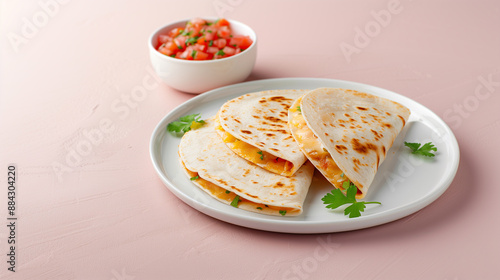 Crispy quesadillas filled with melted cheese and served with a side of fresh salsa on a white plate. photo