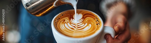 Barista pouring latte art into a coffee cup, highlighting the skill and artistry in coffee making photo