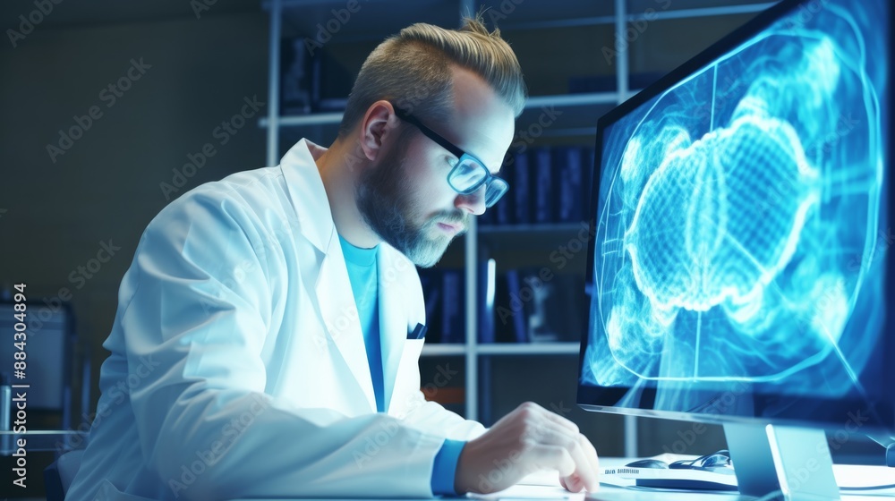 Medical researcher in glasses analyzing brain data on computer in modern laboratory copy space cool tones Medical researcher in glasses analyzing brain data on computer in modern laboratory copy space cool tones