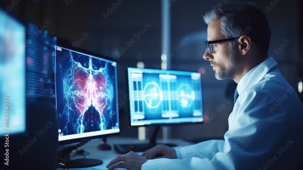 Medical researcher in glasses analyzing brain data on computer in modern laboratory copy space cool tones