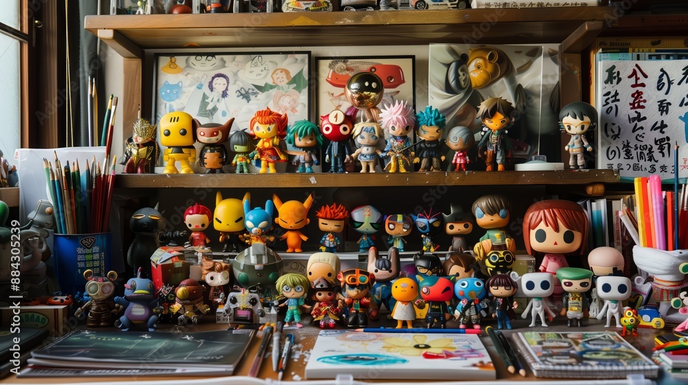 3. A collection of popmart figures arranged on a desk surrounded by art supplies and sketchbooks 3. A collection of popmart figures arranged on a desk surrounded by art supplies and sketchbooks