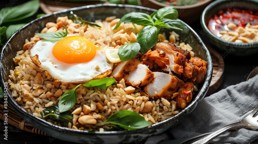 Thai fried rice, crispy fried egg, spicy basil chicken, rustic style, high-quality ingredients, delicious and inviting Thai fried rice, crispy fried egg, spicy basil chicken, rustic style, high-quality ingredients, delicious and inviting