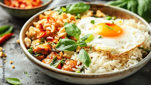 Thai fried rice, crispy fried egg, spicy basil chicken, rustic style, high-quality ingredients, delicious and inviting