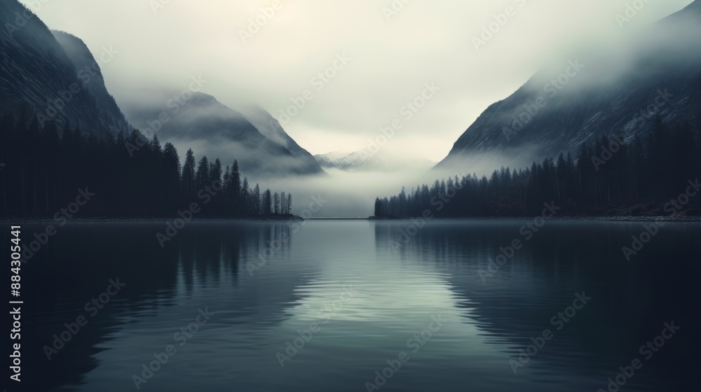 Misty lake surrounded by mountains, calm water, muted dawn colors Misty lake surrounded by mountains, calm water, muted dawn colors