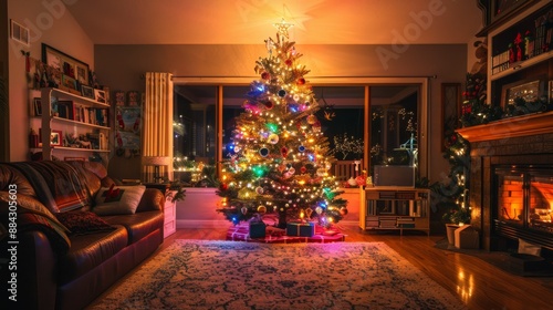 Wallpaper Mural beautifully decorated Christmas tree adorned with multicolored lights in a cozy living room setting Torontodigital.ca