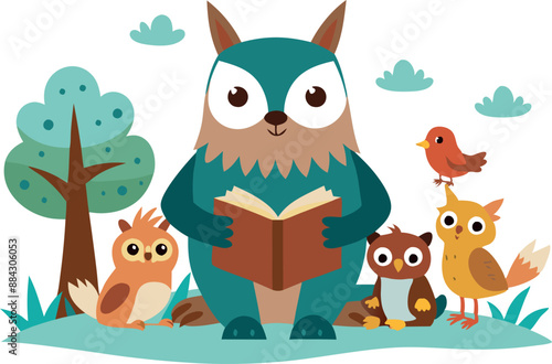 Illustration of a cute owl reading a book outdoors with woodland animal friends, including birds and owls, surrounded by trees.