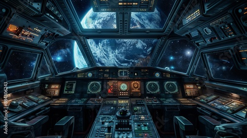 A detailed view of a spaceship cockpit with various controls and screens, and a breathtaking view of Earth outside the windows, representing exploration and technology.