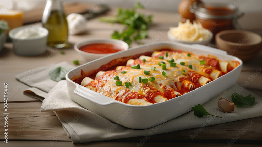 A baking dish filled with enchiladas, baked to perfection with melted cheese and rich red sauce, garnished with green onions. A baking dish filled with enchiladas, baked to perfection with melted cheese and rich red sauce, garnished with green onions.