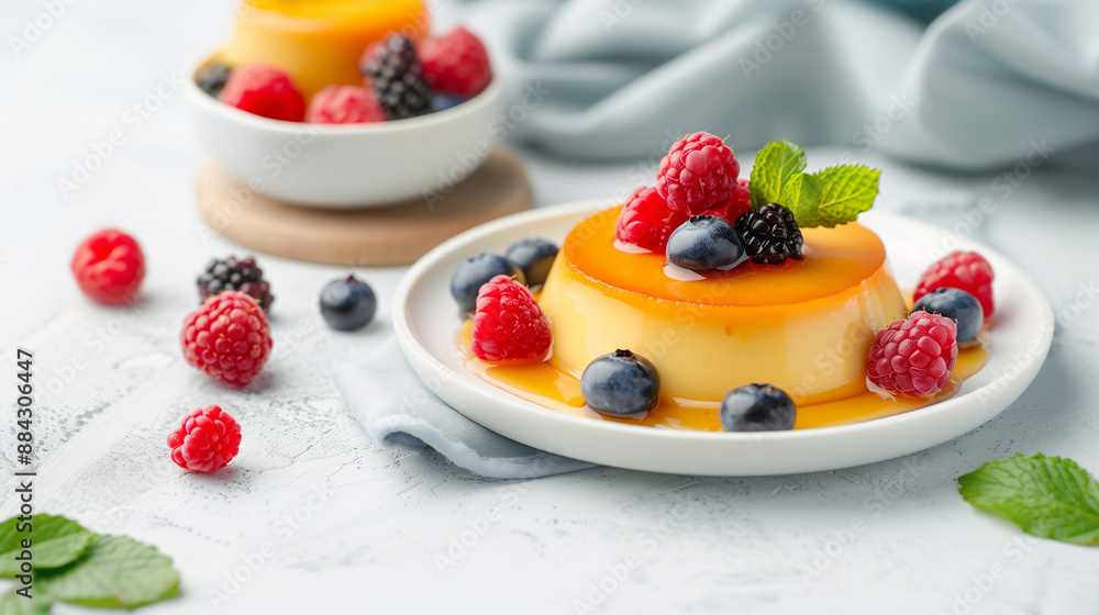 Elegant flan topped with a layer of caramel and garnished with fresh raspberries, blackberries, blueberries, and mint leaves. Elegant flan topped with a layer of caramel and garnished with fresh raspberries, blackberries, blueberries, and mint leaves.