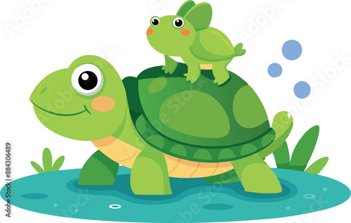 Illustration of a cute cartoon turtle with a frog on its back in a serene pond setting.