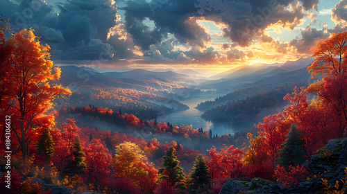 Breathtaking autumn panoramic vista of a lush valley filled with a sea of vibrant colorful foliage and trees  A winding road leads through the scenic landscape © KeetaKawee