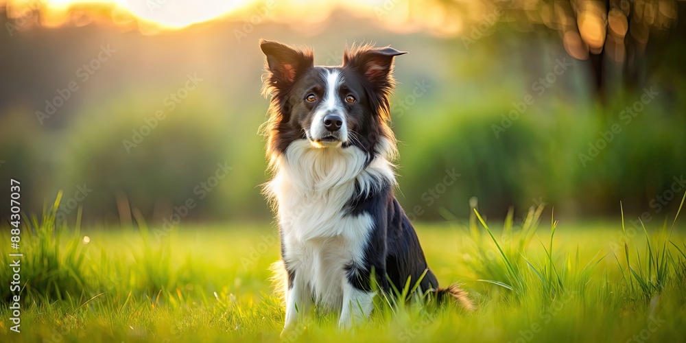 Border collie sitting in a grassy field , obedient, intelligent, working dog, black and white, fluffy, attentive, trained Border collie sitting in a grassy field , obedient, intelligent, working dog, black and white, fluffy, attentive, trained
