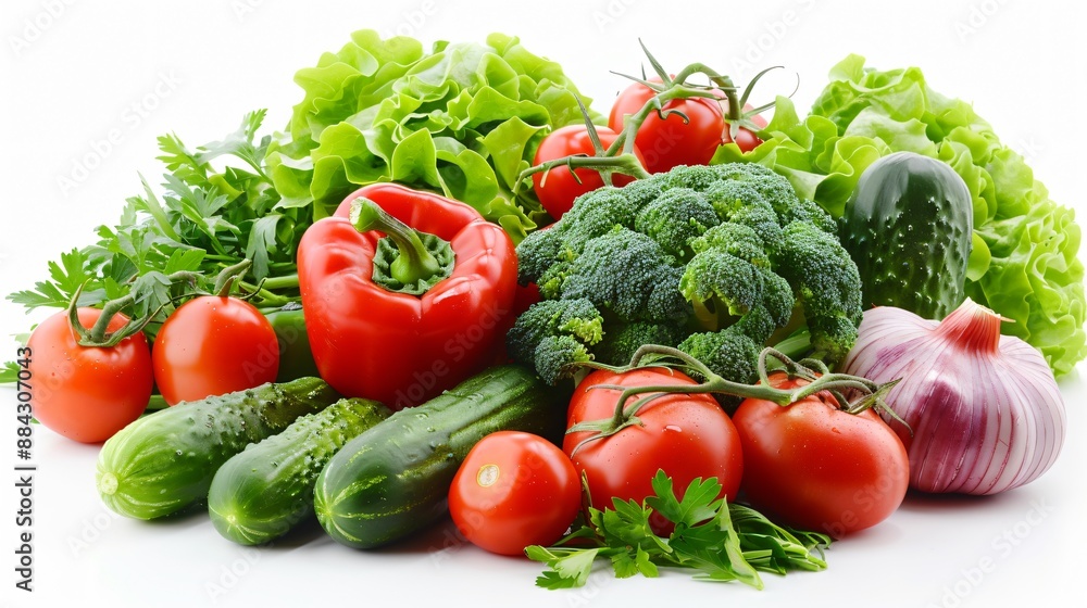 Fresh vegetables including tomatoes, cucumbers, and bell peppers arranged neatly on a transparent background, showcasing their vibrant colors and textures. Fresh vegetables including tomatoes, cucumbers, and bell peppers arranged neatly on a transparent background, showcasing their vibrant colors and textures.