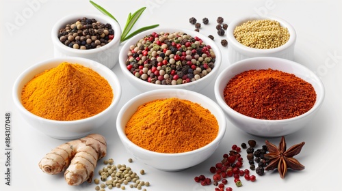 A selection of exotic spices in small bowls, featuring turmeric, paprika, and cumin, isolated on a transparent background with each spice vividly displayed.