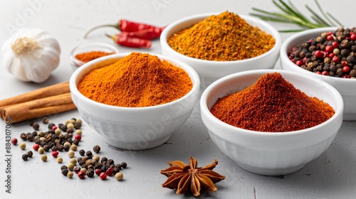 A selection of exotic spices in small bowls, featuring turmeric, paprika, and cumin, isolated on a transparent background with each spice vividly displayed.