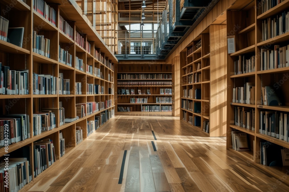 Spacious and well-lit library aisle surrounded by tall wooden bookshelves Spacious and well-lit library aisle surrounded by tall wooden bookshelves