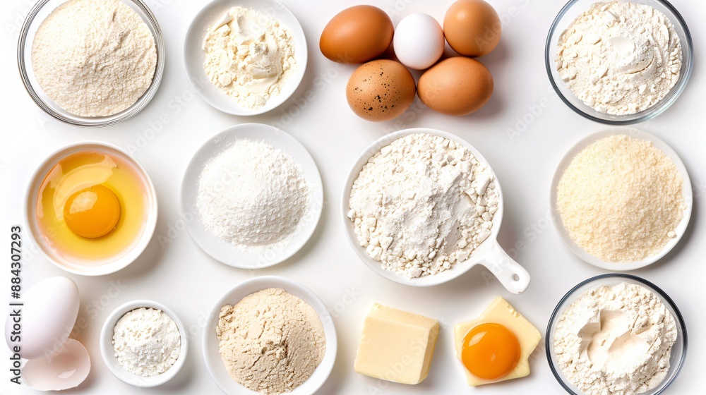 A selection of baking ingredients such as flour, sugar, eggs, and butter, arranged in a clean, organized manner on a transparent background. A selection of baking ingredients such as flour, sugar, eggs, and butter, arranged in a clean, organized manner on a transparent background.