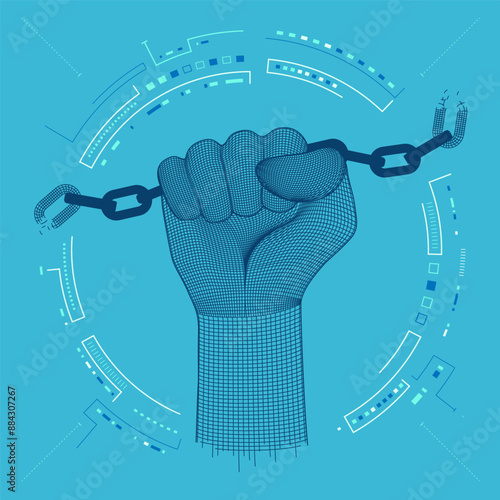 concept of technology revolution, graphic of wireframe fist with breaking chain