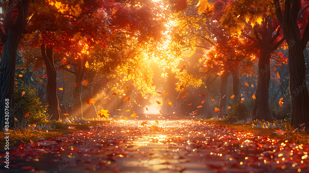 Fototapeta premium Enchanting autumnal park scene featuring a lush landscape filled with vibrant orange red and yellow foliage gently drifting leaves and cinematic lighting creating a romantic serene
