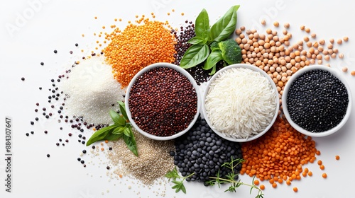 A collection of grains and legumes, including quinoa, rice, and lentils, displayed in small piles on a transparent background to showcase their different textures and colors.