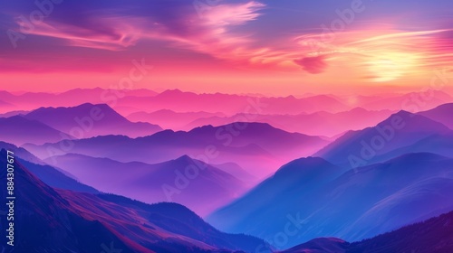 serene mountain scene at sunset with mist rising from the valleys and the sky transitioning from bright to twilight hues
