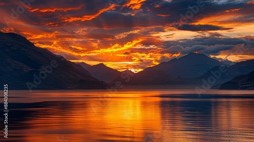stunning panorama of mountains silhouetted against a fiery sunset with clouds reflecting the golden light