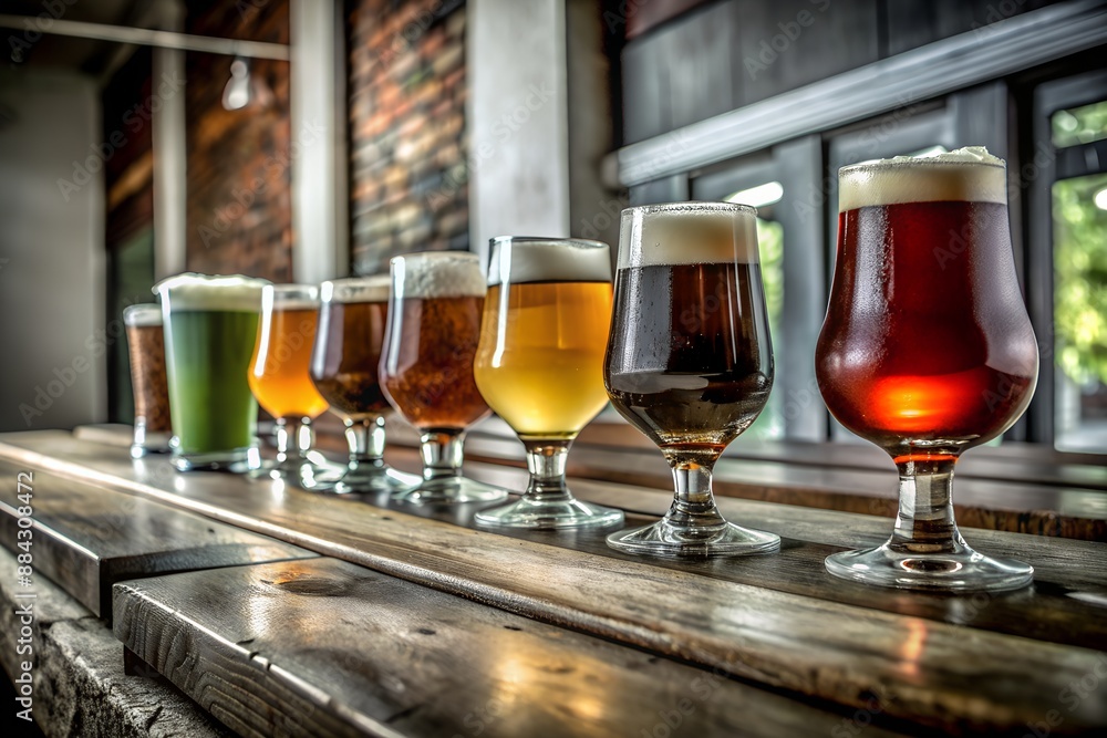 A variety of craft beer glasses in different colors lined up on a rustic wooden table in a cozy bar setting with natural light. A variety of craft beer glasses in different colors lined up on a rustic wooden table in a cozy bar setting with natural light.