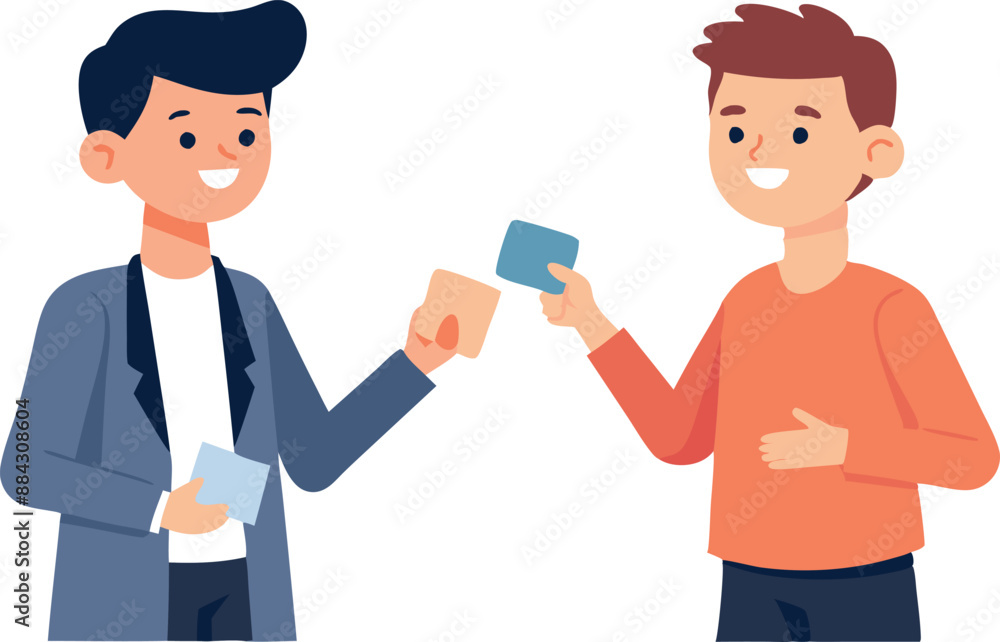 Two young men smiling and exchanging business cards. Simple illustration. Concept of networking, communication, and professional interaction. Two young men smiling and exchanging business cards. Simple illustration. Concept of networking, communication, and professional interaction.