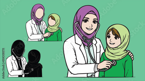 Female doctor, doctor with hijab, physician in white scrubs examine a child with a stethoscope, listen to his heartbeat Pediatrician examining patient. Kids visit a doctor for a checkup.