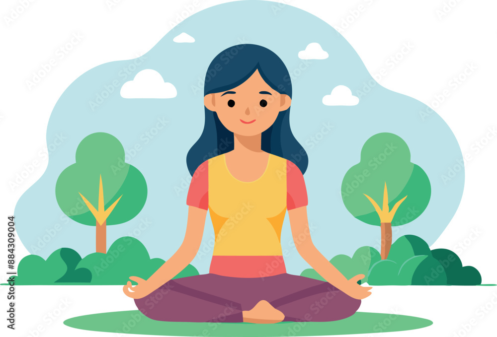 custom made wallpaper toronto digitalCute illustration of a woman meditating in a tranquil outdoor environment with trees and clouds, promoting relaxation and mindfulness.