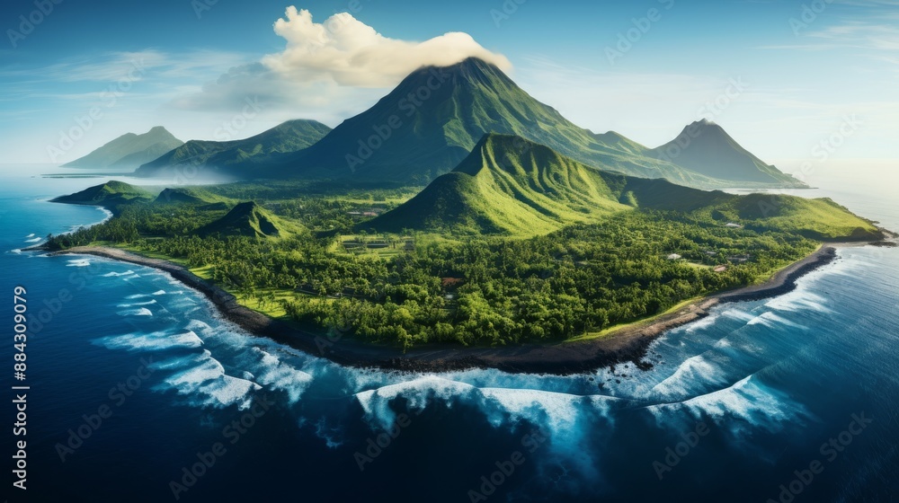 Naklejka premium Aerial view of a tropical island with a towering mountain, lush greenery, and blue ocean