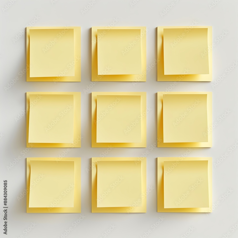 Grid of nine yellow sticky notes arranged in three rows on a white background, perfect for office and organizational themes. Grid of nine yellow sticky notes arranged in three rows on a white background, perfect for office and organizational themes.
