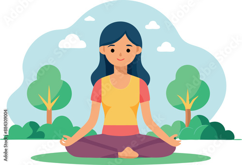 Cute illustration of a woman meditating in a tranquil outdoor environment with trees and clouds, promoting relaxation and mindfulness.