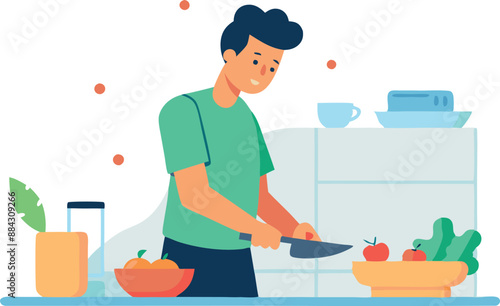Illustration of a man chopping vegetables in a modern kitchen, focusing on healthy meal preparation and home cooking.