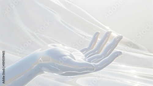 Meditative Buddha s Hand in Sublime Repose Extending from Bright White Environment photo