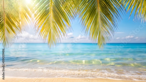 Scenic tropical beach with crystal clear waters, golden sand, and palm leaves. Relaxing paradise perfect for a summer getaway.