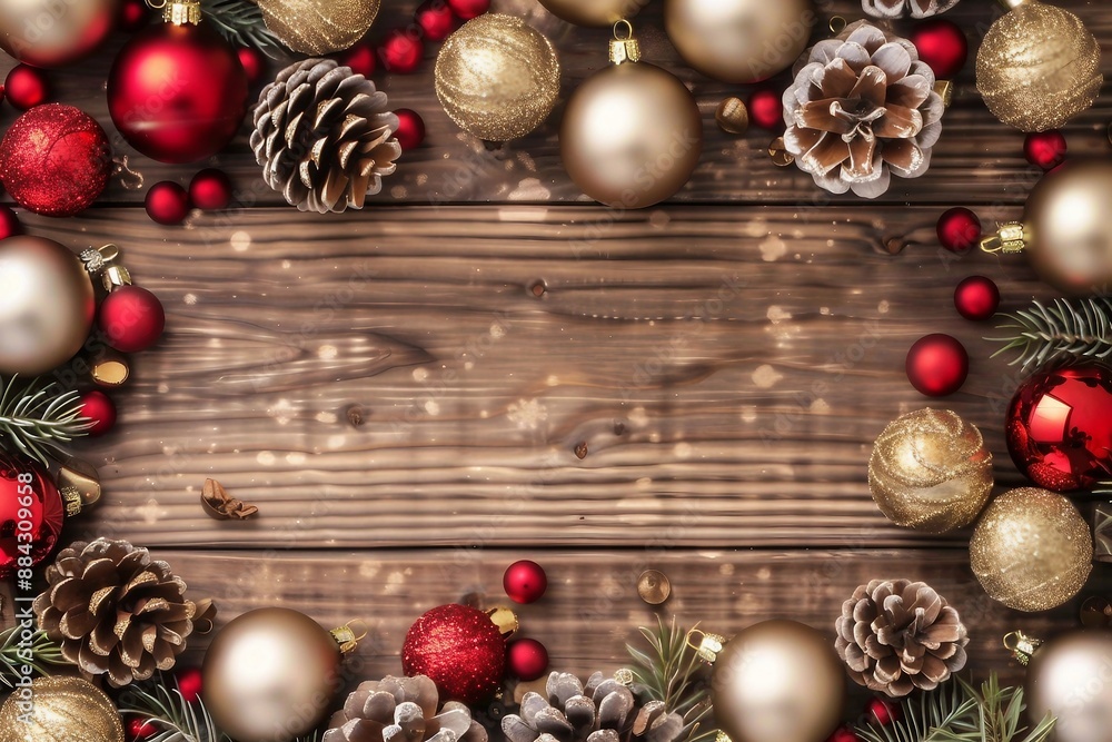 chirstmas frame with red and gold balls and pine cones chirstmas frame with red and gold balls and pine cones