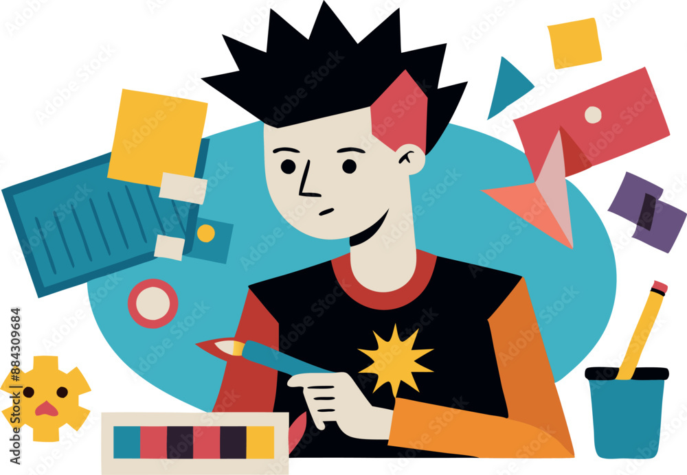Illustration of a character surrounded by geometric shapes and art supplies, conveying creativity and artistic expression. Illustration of a character surrounded by geometric shapes and art supplies, conveying creativity and artistic expression.